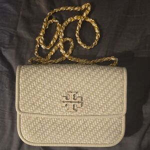 Tory Burch Beige Woven Crossbody Bag with Gold Chain